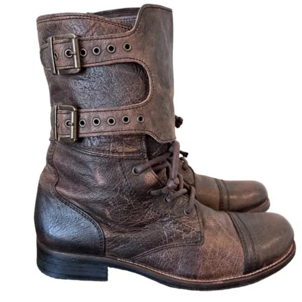 All Saints Damisi Brown Worn Leather Buckle Moto Biker Boots